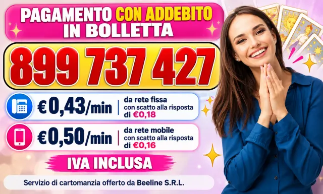 899 737 427 con addebito in bolletta: 0,43 € al minuto da rete fissa con scatto di 0,18 €, 0,50 € al minuto da rete mobile con scatto di 0,16 €, IVA inclusa
